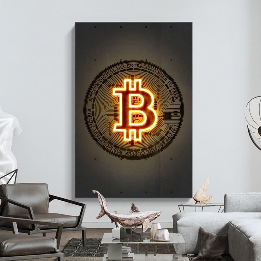 CloudShop Art Painting Canvas Print  50x70cm  gold-neon-bitcoin Canvas Frame Wrap - Ready to Hang