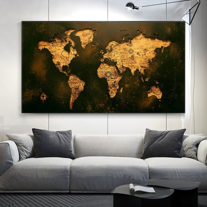 CloudShop Art Painting Canvas Print the-golden-world-map 30x60cm Canvas Frame Wrap - Ready to Hang 