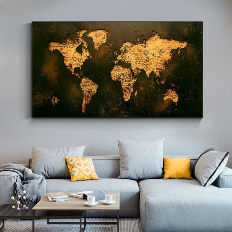 CloudShop Art Painting Canvas Print the-golden-world-map 50x100cm Canvas Frame Wrap - Ready to Hang 