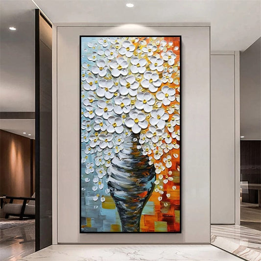 CloudShop Art Painting Canvas Print vase-of-white-flowers 30x60cm | 12x24 inches Canvas Print - With Wrap Frame 